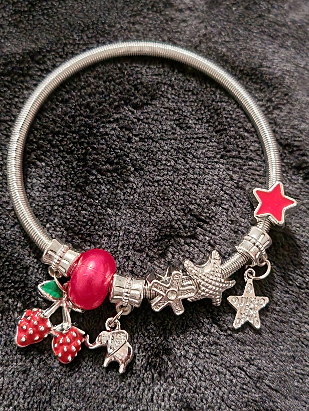 Silver Charm Bracelet with Red Bead & Strawberry Charms